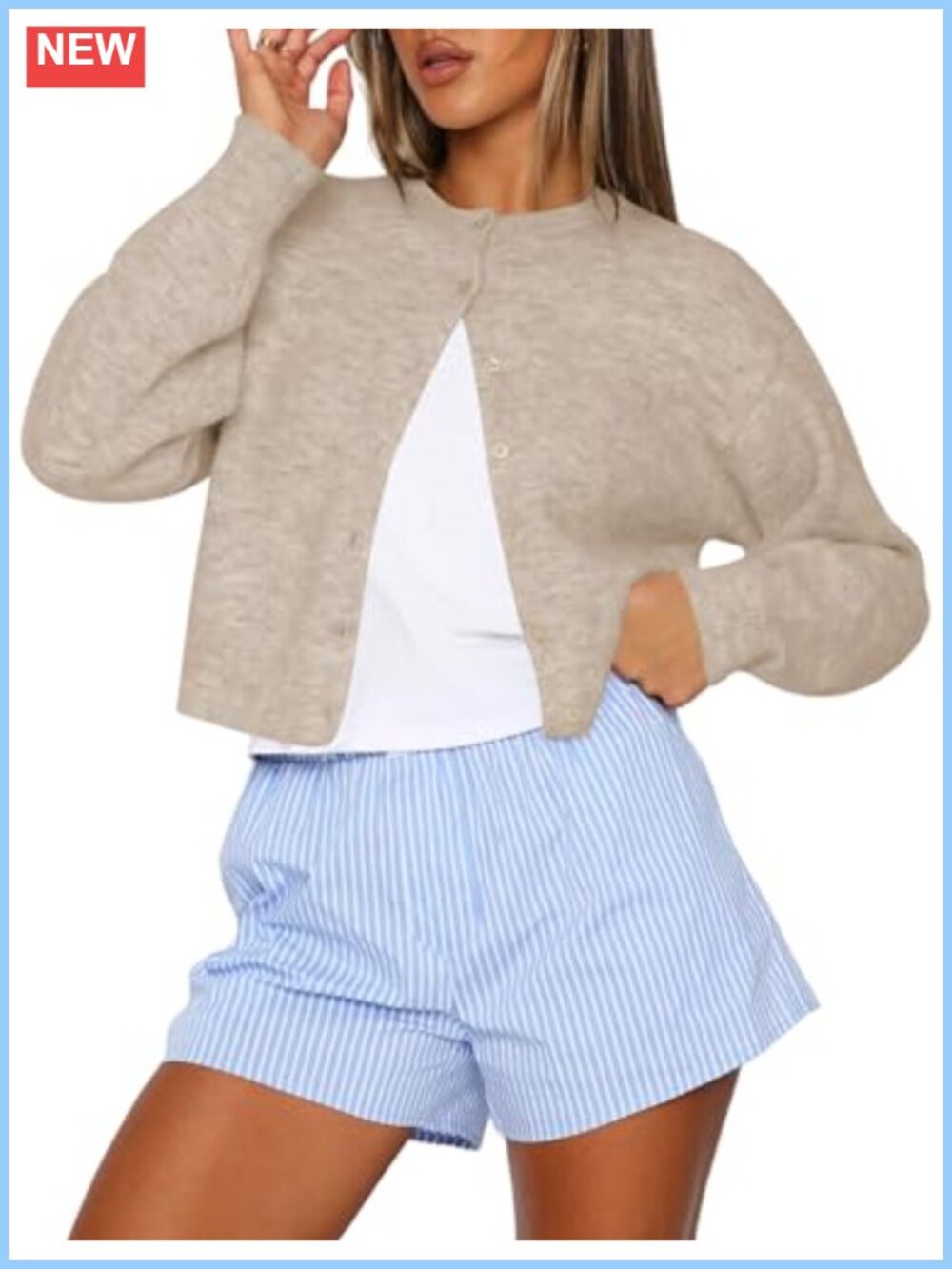 Cropped Cardigan Sweaters for Women Crew Neck Long Sleeve Button Up Knit